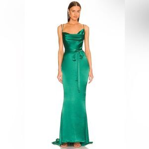 Michael Costello x REVOLVE Tonya Gown Green satin dress slip train evening S
